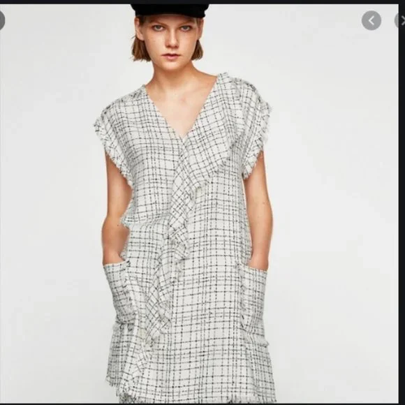 Zara Tweed Asymmetric Ruffle Dress V Neck Pockets - Picture 2 of 9